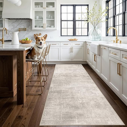 Abstract 3x10 Kitchen Rug Runners - Washable 10ft Hardwood Sink Rugs Non-Slip Hallway Entryway Area Rugs Soft Floor Mat Indoor Farmhouse Carpet for Bathroom Living Room Bedroom (3x10,Beige/Cream)