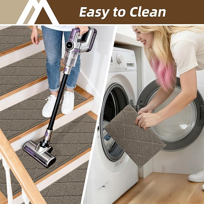 COSY HOMEER Stair Treads for Wooden Steps 9"x28" Washable Indoor Carpet Stair Treads Non Slip Soft Polyester Stair Carpet Tread Reusable Stair Runner Rugs for Kids, Elders,Pets,Light Brown,7pcs