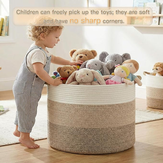 70L Large Cotton Rope Basket, Decorative Woven Blanket Storage for Living Room, Boho Toy Storage & Toy Box for Kids, Versatile Laundry Basket & Nursery Hamper for Blankets(BrownYellow)