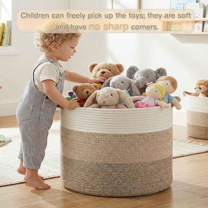 40L Large Cotton Rope Basket, Decorative Woven Blanket Storage for Living Room, Boho Toy Storage & Toy Box for Kids, Versatile Laundry Basket & Nursery Hamper for Blankets(Brownyellow)