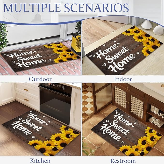 Indoor Rugs for Entryway,Rustic Sunflower Welcome Mat for Home,Farmhouse Woodboard Low Profile Entrance Rugs Non-Slip Doormats for Back Door Patio, Porch,Home Stairway,30 x 17 Inch