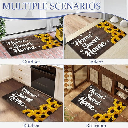 Indoor Rugs for Entryway,Rustic Sunflower Welcome Mat for Home,Farmhouse Woodboard Low Profile Entrance Rugs Non-Slip Doormats for Back Door Patio, Porch,Home Stairway,30 x 17 Inch