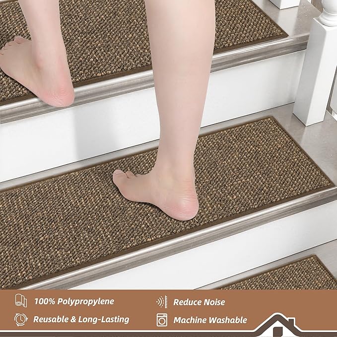 BEQHAUSE Stair Treads for Wooden Steps 28inX9in, Carpet Stair Treads Non Slip Indoor, Machine Washable Stair Runners for Kids Elders and Pets, Carpet for Stair Rugs Mat, TPE Backing, 15pcs, Brown
