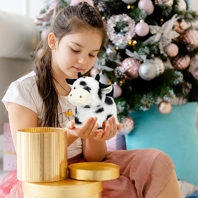 Easfan Walking Black Cow Interactive Electronic Pet Plush Toy with Sounds and Movements Moving Educational Plush Toy Easter Birthday Gifts for Kids Girls, 7'',Black