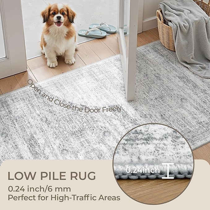 3x14 Washable Runner Rug for Hallway, Non-Slip Long Hallway Runner for Entryway, Soft Vintage Kitchen Mats for Floor, Abstract Dining Room, Bedroom, Living Room Rugs(3'x14', Grey/Ivory)