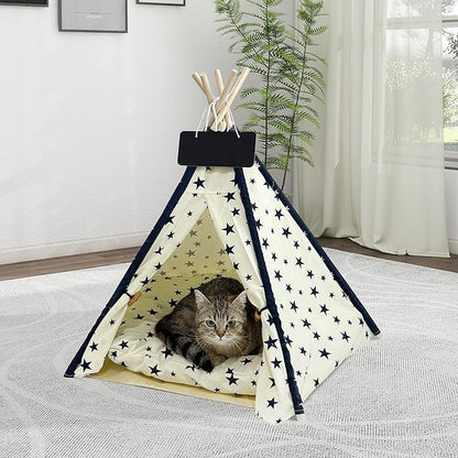 Pet Tent/Tipi for Cats & Dogs - Washable Canvas, Foldable Pet Teepee with Anti-Slip Base & Detachable Cushion | Indoor/Outdoor Safe Shelter for Pets-Beige-L