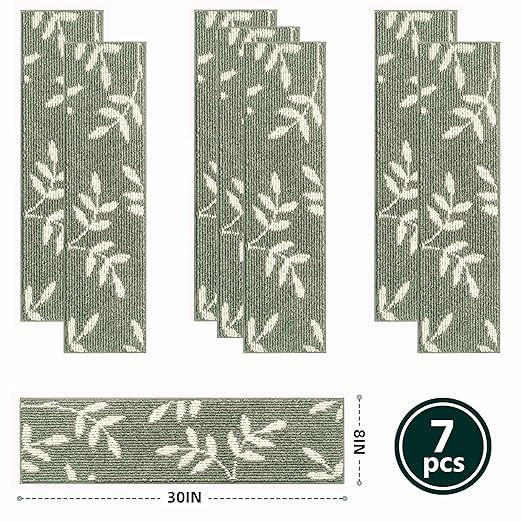 Carpet Stair Treads, Non-Slip Stair Treads for Wooden Steps Indoor, 30”x8” Stair Runner for Pets Non Skid Wood Staircase Step Treads Reusable, Set of 7, Green