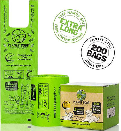 PLANET POOP Home Compostable Dog Poop Bags Extra Long with Handles | Large Single Roll 200 Count Grab & Go | Un-scented Waste Bag | Leakproof Doggy & Cat Bags | Plant-Based Pet Supplies