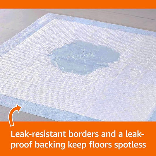 Amazon Basics X-Large Heavy Duty Absorbent Puppy Potty Pads, Leak-Proof, Quick-Dry, Super Absorbent Gel Technology for Dog Training, 28 x 34 Inches, Blue & White, Pack of 50