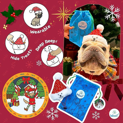 Christmas Santa Hat Plush Dog Toy (Small Size), Cute Soft Squeaky X’Mas Gift with Hidden Treat Pocket, Wearable Play Design, Crinkle Sound, Perfect for Small & Medium Dogs