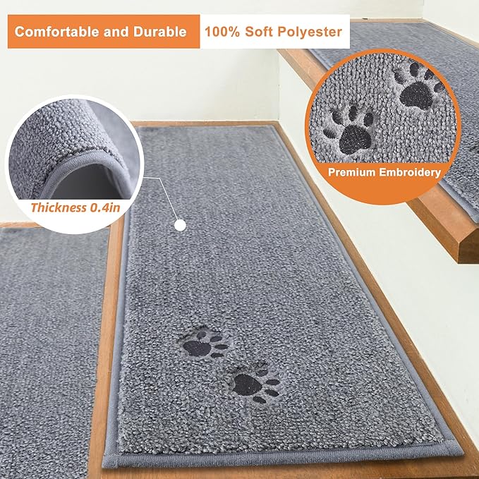 BEQHAUSE Stair Treads for Wooden Steps 28inX9in, Non Slip Carpet Stair Treads Indoor Stair Runners Machine Washable, Soft Stair Rugs Mat Surface Polyester TPE Backing, 4pcs, Grey