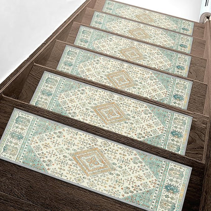 Non Slip Stair Treads for Wooden Steps 15PCS - 8"x30" Indoor Safety Carpet, Edging Mats with TPE Adhesive Backing, Pet and Elderly Friendly Stair Rugs (Green&Ivory)