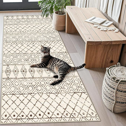 3x6 Washable Kitchen Runner Rug: Non Slip Moroccan Hallway Runners - Low Pile Soft Farmhouse Neutral Carpet for Bedroom Entryway Laundry 3x6 Geo Beige