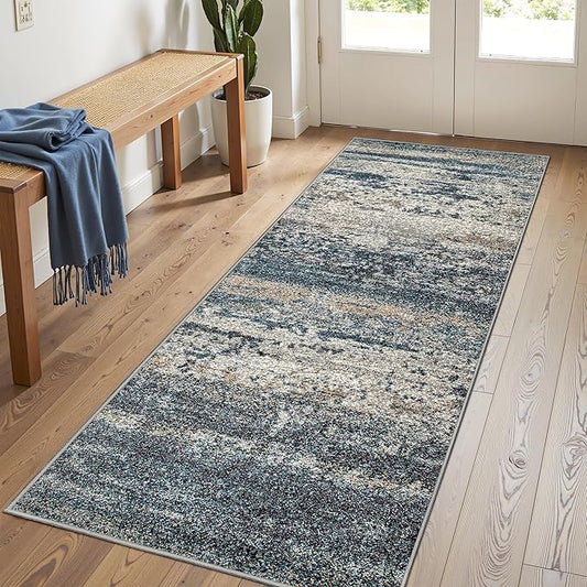 Art&Tuft Runner Rug 2'6x8' - Anti-Slip Backing Abstract Hallway Rug, Stain Resistant Kitchen Rugs, Foldable Machine Washable Area Rug(TPR19-Navy, 2'6x8')