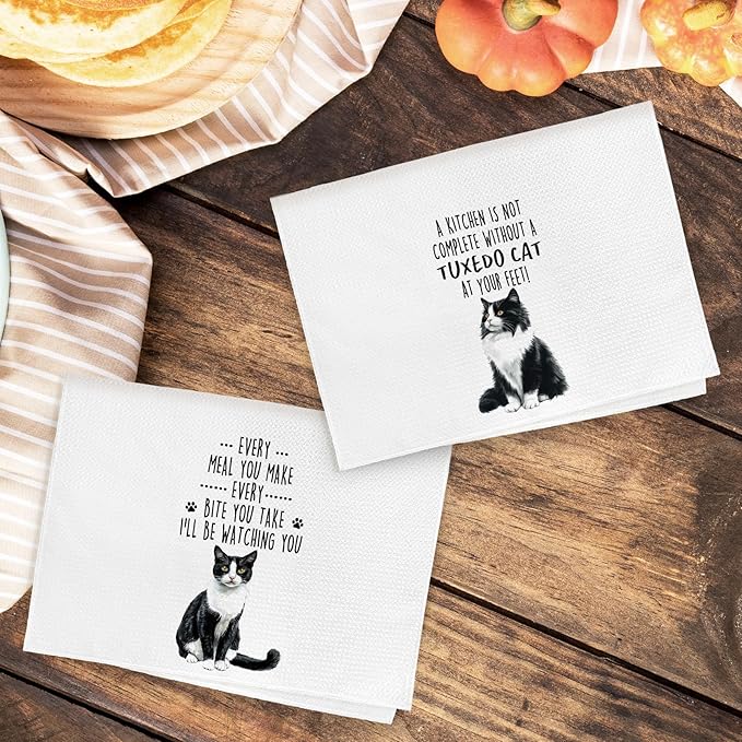 Funny Tuxedo Cat Kitchen Towels, Tuxedo Cat Mom Lady Lovers Gifts for Women Hand Towels, Gifts for Pet Lovers Dishcloths Dish Towel for Kitchen 16x24 Inches Set of 2