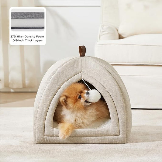 Bedsure Cat Beds for Indoor Cats - 2 in 1 Cat Cave House Tent for Kittens and Small Pets with Removable Washable Cushioned Pillow, Foldable Kitten Hideaway with Non-Slip Bottom, Beige, 17.3 inches