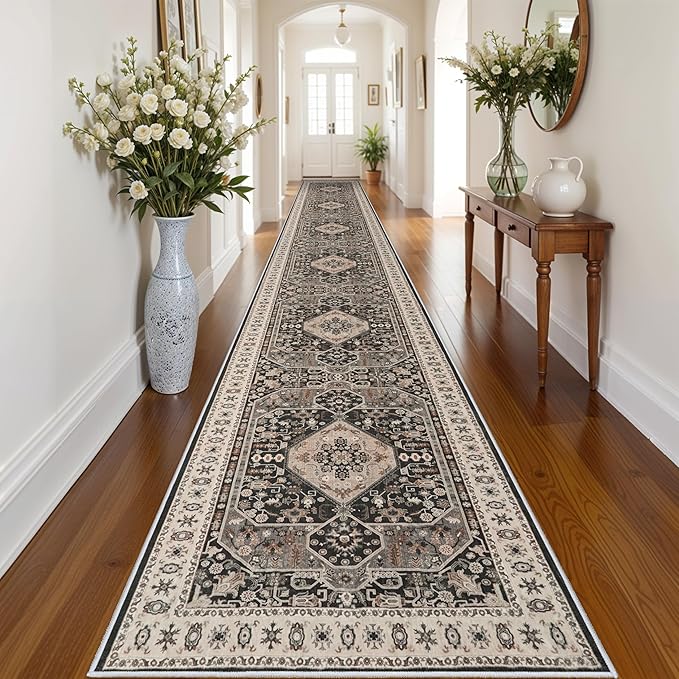 3x20 Washable Hallway Runner Rug - Hallway Rugs with Non Slip Backing Vintage Distressed Mats Soft Kitchen Carpets Extra Long Room Floor Carpet for Living Room Dining Room Bedroom (3x20, Black)