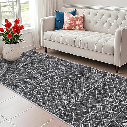 4x10 Rug for Hallway - Washable Moroccan Runner Rugs Non Slip Pets Friendly Runner Low Pile Soft Indoor Floor Mat Front Door for Kitchen Bedroom Entryway Laundry 4x10 Black