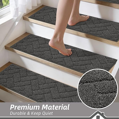 BEQHAUSE Edging Stair Treads for Wooden Steps 9" x 28", Non Slip Carpet Stair Treads Indoor Stair Runners, Soft Stair Rugs, Machine Washable, 100% Polyester, TPE Backing, 4pcs, Charcoal