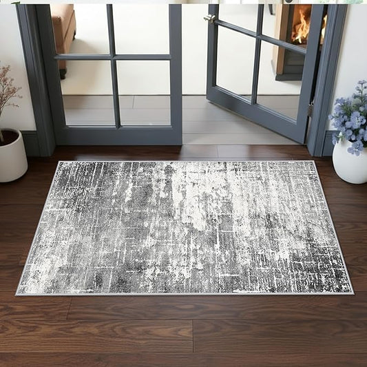 Abstract 2x4 Entryway Area Rugs: Washable Water Resistant Kitchen Rug Non-Slip Durable Doormat Ultra Soft Bedroom Beside Carpet Indoor Low Pile Floor Mat for Bathroom Stove Sink Area(2x4,Black/Grey)