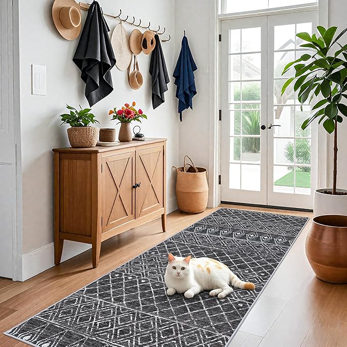 4x8 Rug Machine Washable - Moroccan Hallway Runner Rug Non Slip Pets Friendly Runner Low Pile Soft Indoor Floor Mat Front Door for Kitchen Bedroom Entryway Laundry 4x8 Black
