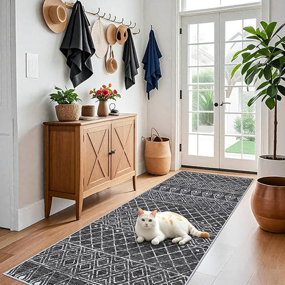 4x8 Rug Machine Washable - Moroccan Hallway Runner Rug Non Slip Pets Friendly Runner Low Pile Soft Indoor Floor Mat Front Door for Kitchen Bedroom Entryway Laundry 4x8 Black