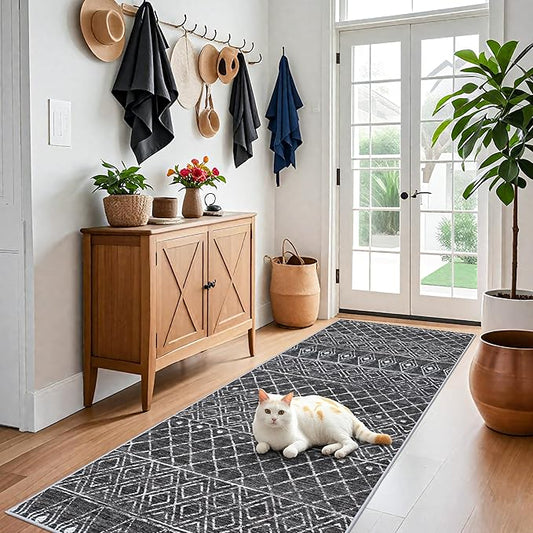 4x8 Rug Machine Washable - Moroccan Hallway Runner Rug Non Slip Pets Friendly Runner Low Pile Soft Indoor Floor Mat Front Door for Kitchen Bedroom Entryway Laundry 4x8 Black