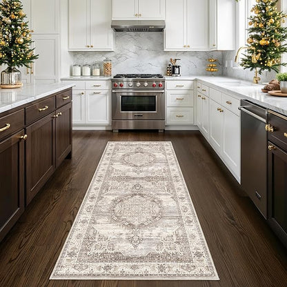 Washable 3x6 Hallway Runner Rug: Vintage Water Resistant Kitchen Entryway Rug Ultra Soft Living Room Bedroom Carpet with Non Slip Backing Indoor Low Pile Floor Mat for Bathroom Dining Room(3x6,Beige)