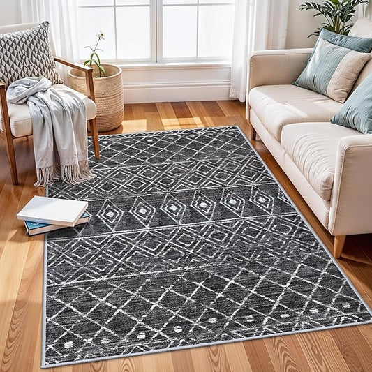 3x5 Washable Moroccan Area Rug: Ultra Soft Low Pile Non-Slip Rugs - Modern Geometric Printed Indoor Floor Mat - Carpet for Living Room Bedroom Entryway Kitchen Home Decor 3x5 Black