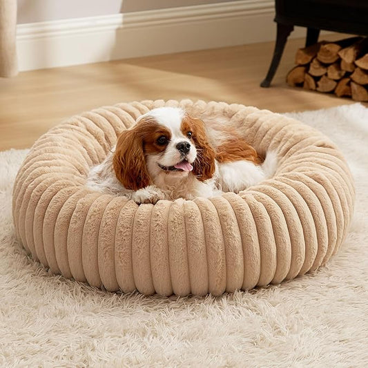 Bedsure ComfyFleece™ Donut Medium Dog Bed - Washable Faux Fur with Corduroy Fleece & Anti Slip Bottom, Round Pet Bed with Removable Cover, Sandy Beige, 30x30x8 inches