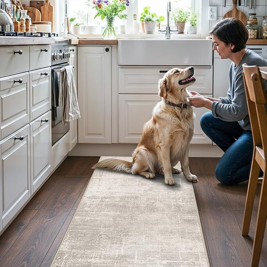 Washable 2x5 Kitchen Runner Rug: Abstract Water Resistant Sink Stove Entryway Rug Soft Living Room Bedroom Beside Carpet Thin Low Pile Non-Slip Hallway Bathroom Laundry Room Floor Mat(2X5,Beige/Cream)