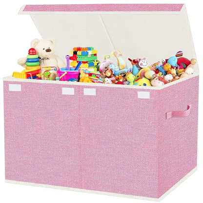 VERONLY Large Collapsible Toy Storage Box with Lid & Handles - Kids Organizer Chest for Toys, Clothes, Blankets (Pink, Nursery, Playroom, Bedroom)-24.5''×13''×16''