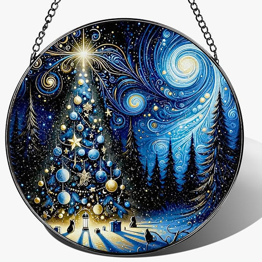 8″ Starry Night Christmas Tree Stained Glass Suncatcher Ornament, Stained Glass Window Hanging — Holiday Window Ornament | Gift for Christmas, Holiday Present Idea, Gift Exchange, Gifts Idea