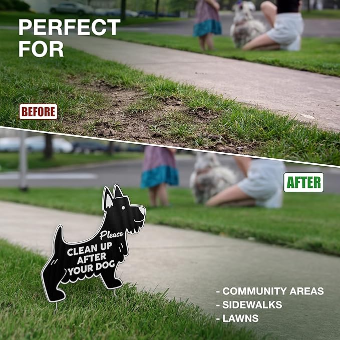 Clean Up After Your Dog Signs with Stakes, 11 x 10 Inch Black Dog Shaped Double Sided No Pooping Signs for Yards for Yard, Weather-Resistant Corrugated Plastic Lawn Sign