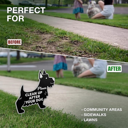 Clean Up After Your Dog Signs with Stakes, 11 x 10 Inch Black Dog Shaped Double Sided No Pooping Signs for Yards for Yard, Weather-Resistant Corrugated Plastic Lawn Sign
