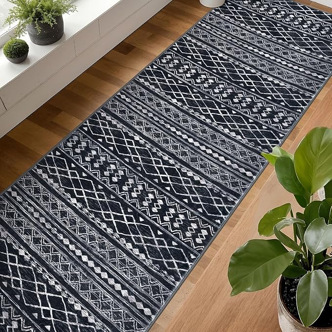 KUTA Long Hallway Runner Rug 2.6x16 Non-Slip Washable, Moroccan Vintage Black Boho Kitchen Rugs Ultra Soft Distressed Geometric Floor Carpet Runners for Bedroom Laundry Stairway Entryway