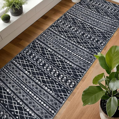 KUTA Long Hallway Runner Rug 2.6x16 Non-Slip Washable, Moroccan Vintage Black Boho Kitchen Rugs Ultra Soft Distressed Geometric Floor Carpet Runners for Bedroom Laundry Stairway Entryway