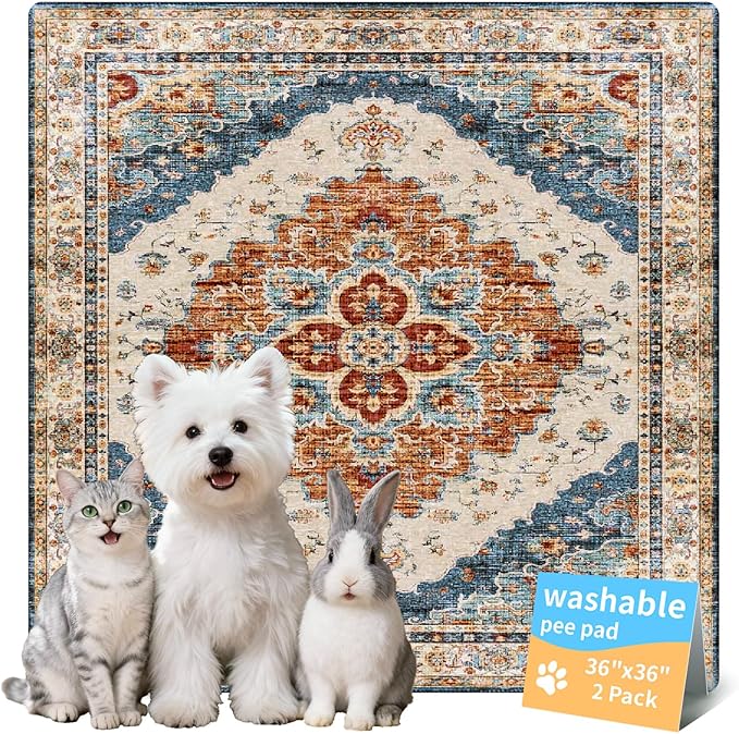 Washable Pee Pads for Dogs, Reusable Puppy Potty Training Pads, Ultra-Absorbent Thick Waterproof Leak-Proof Non-Slip Pads & Mat for Crate, Playpen, Floor, Whelping & Housebreaking , 2 Pack 36"x36"