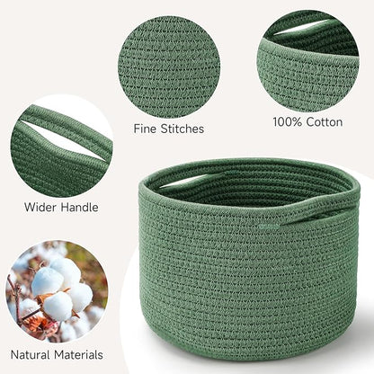 Small Rope Baskets for Storage, Baskets for Gifts Empty, Cute Round Woven Basket, Decorative Shelf Baskets 9.82×9.82×7.1", Cotton Toy Basket Storage Bins for Organizer 3 Packs Green