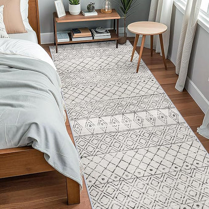 4x10 Rug for Hallway - Washable Moroccan Runner Rugs Non Slip Pets Friendly Runner Low Pile Soft Indoor Floor Mat Front Door for Kitchen Bedroom Entryway Laundry 4x10 Geo Grey