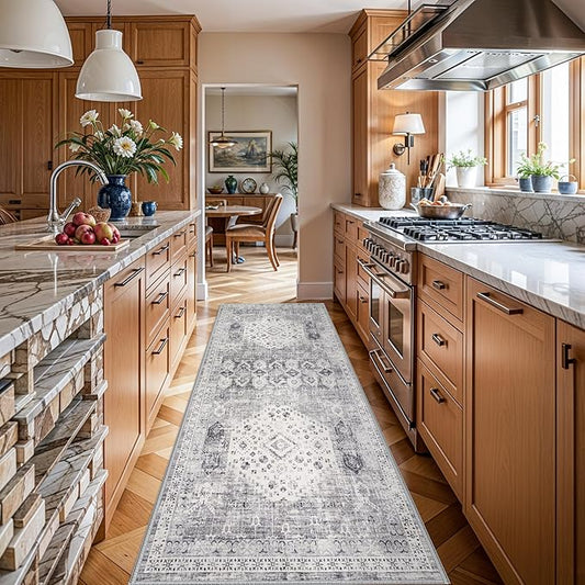 4x8 Halway Washable Runner Rug - Ultra-Soft Wide Kitchen Carpet with Non Slip Backing Stain Resistant Bedroom Laundry Rugs Durable Vintage Distressed Floor Decoration Mat for Bathroom 4'x8' Grey