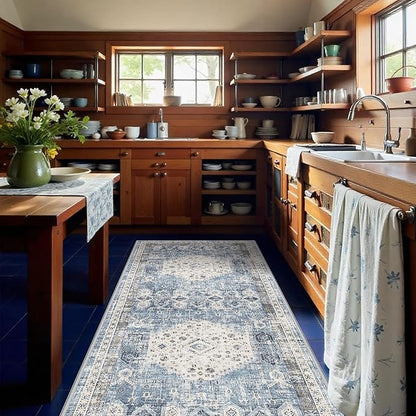 RUUGME Washable 4x10 Runner Rug - Vintage Hallway Kitchen Rugs with Non Slip Backing Low Pile Stain Resistant Carpets Indoor Ultra Soft Light Weight Rug Floor Decoration Mat 4'x10' Aqua Blue