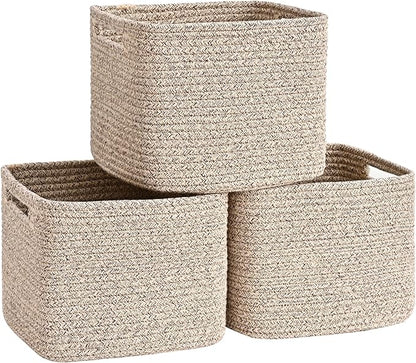 3 Pack Cube Storage Bin, 9”x9”x7” Cotton Rope Woven Baskets for Organizing Toys Clothes Towels, Square Gift Storage Baskets for Shelves, Nursery, Closet, Bathroom, Pantry (Jute)