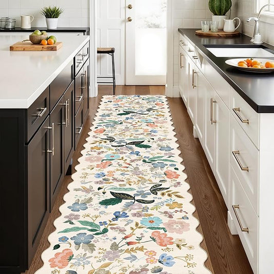 Washable Hallway 2'6x12 Runner Rug: Floral Scalloped Rug for Kitchen Entryway Farmhouse Soft Carpet for Bathroom Bedroom Thin Laudry Living Room Floor Mat with Non Slip Backing(2'6''x12',Cream)