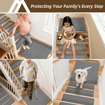 COSY HOMEER Stair Landing Rugs Non-Slip Corner Indoor Edging Stair Treads for Wooden Steps,Washable Soft Stair Landing Mat for Kids,Elder and Dogs,Polyester,TPE Backing,Medium Grey,30x30inch