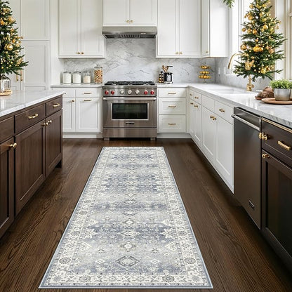 Washable 2x8 Hallway Runner Rug: Vintage 8ft Water-Resistant Soft Runner Rug for Entryway Kitchen Non Slip Low Pile Carpet for Living Room Bedroom Thin Floor Mat for Bathroom Dining Room(Grey,2x8)