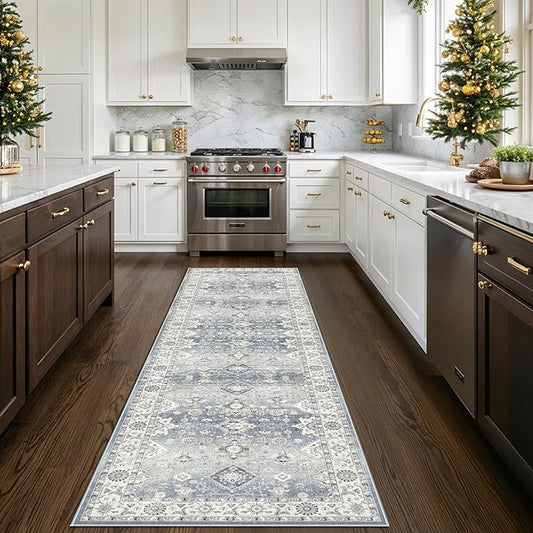 Washable 2x8 Hallway Runner Rug: Vintage 8ft Water-Resistant Soft Runner Rug for Entryway Kitchen Non Slip Low Pile Carpet for Living Room Bedroom Thin Floor Mat for Bathroom Dining Room(Grey,2x8)