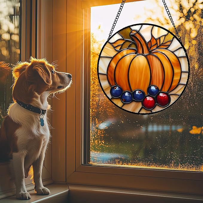 Stained Glass Window Hanging Fall Pumpkin Berries Large 11.8" - Suncatcher Door Garden Kitchen Sunroom Sun Catcher Autumn Home Decor Birthday for Mom Grandma Men Woman