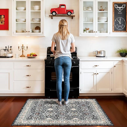 Washable Kitchen Area Rug 3x4: Indoor Non-Slip Soft Bedroom Bathroom Runners Stain Resistan Carpet for Entryway Laundry Dining Room Vintage Home Decor for Small Living Room Nursery Room(3x4,Black)