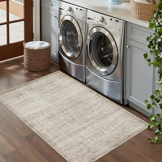 Washable 3x4 Entryway Area Rugs: Abstract Water-Resistant Kitchen Rug Indoor Low Pile Nursery Room Carpet Anti-Slip Netural Bathroom Runner Rug Small Soft Beside Floor Mat for Bedroom(3x4,Beige/ivory)